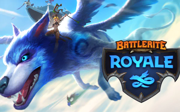 HD desktop wallpaper of Battlerite Royale featuring a dynamic blue wolf in flight with the game's logo displayed prominently.