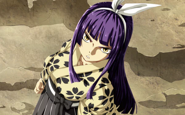 Kagura Mikazuchi from Fairy Tail stands with a determined expression, dressed in a floral kimono, featured in a high-definition anime PC desktop wallpaper.