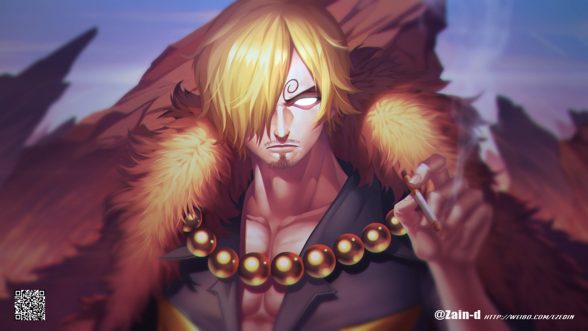 HD anime wallpaper featuring Sanji from One Piece with blonde hair, wearing a fur-trimmed coat and smoking a cigarette against a mountainous background.