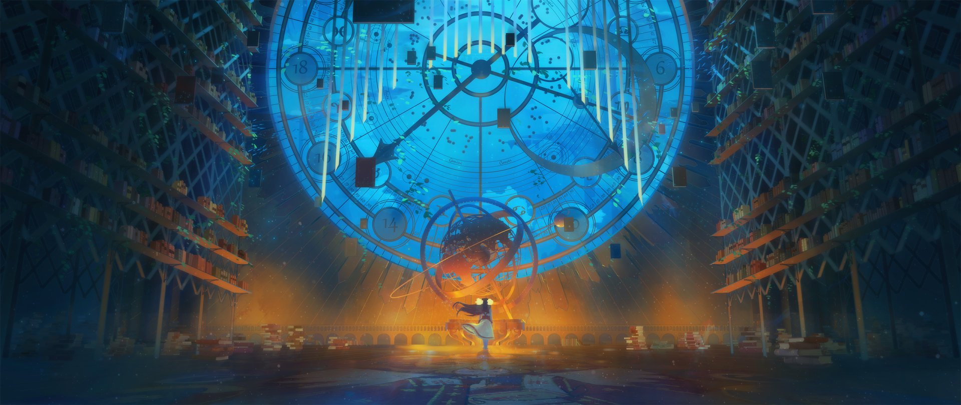 HD anime desktop wallpaper featuring a dynamic scene inside a mystical library with a large celestial clock and a character at its center.