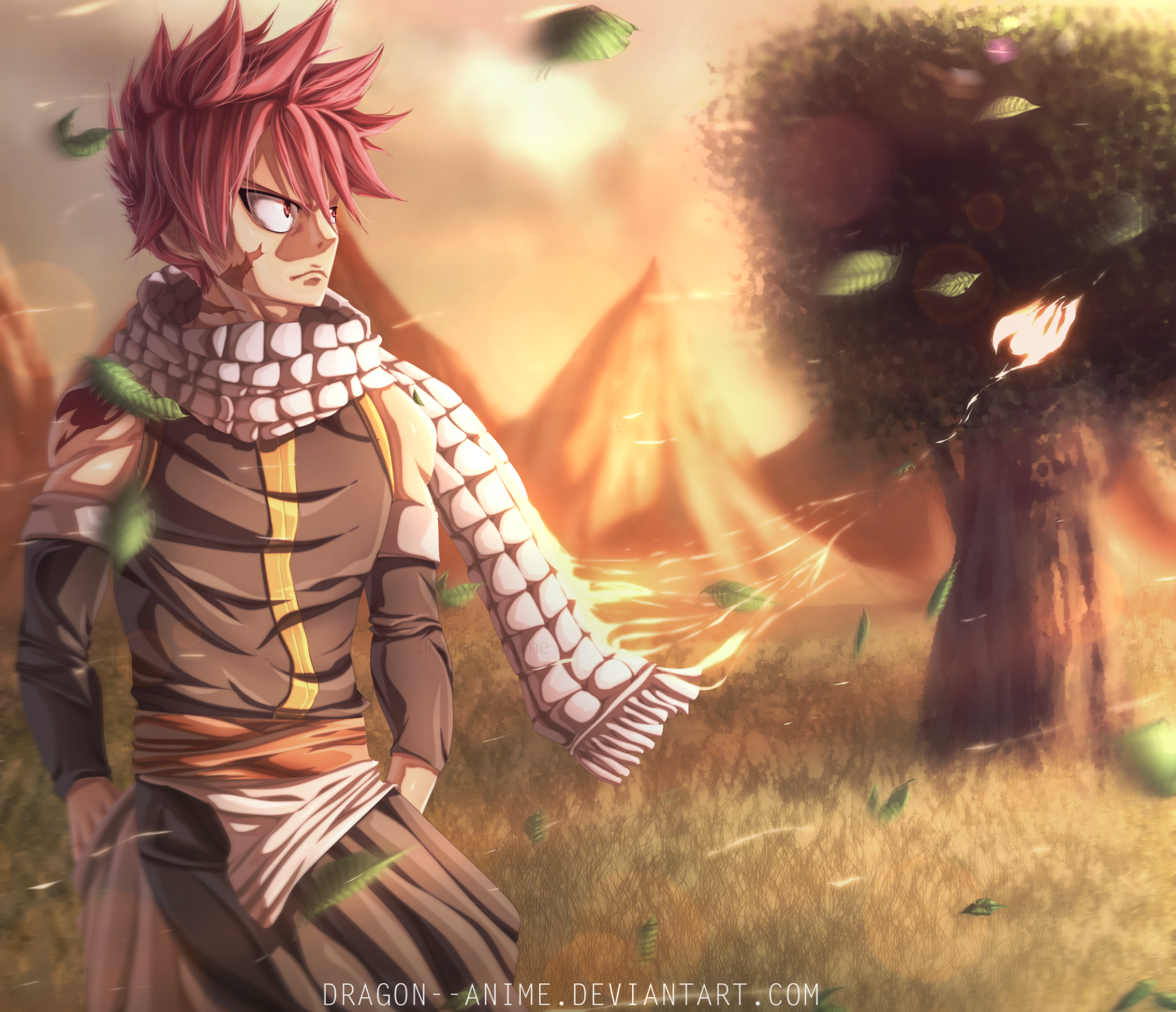 HD PC desktop wallpaper featuring Natsu Dragneel from the anime Fairy Tail, standing with a determined expression in a fiery, glowing outdoor scene.
