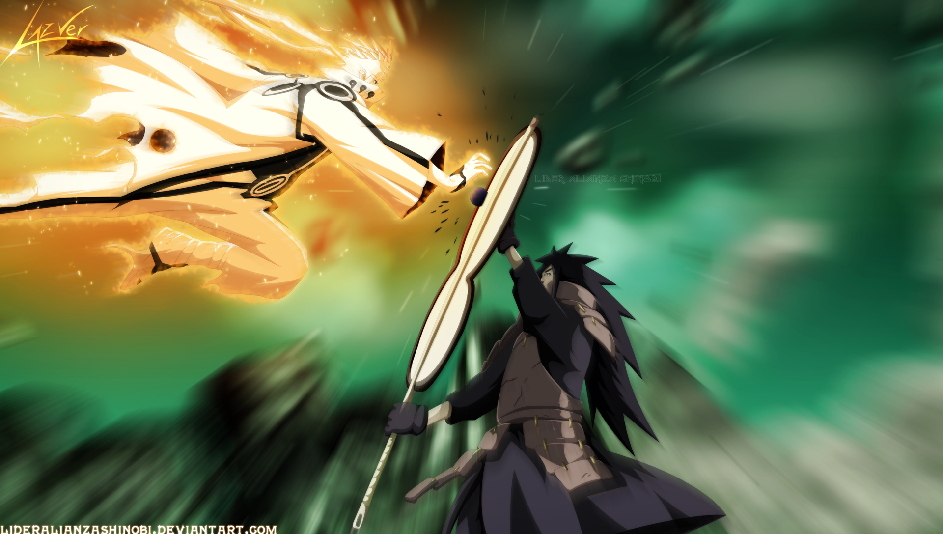 2K Quad HD anime desktop wallpaper: Naruto Uzumaki in Kurama form clashes with Madara Uchiha, explosive orange and green energy streaks.