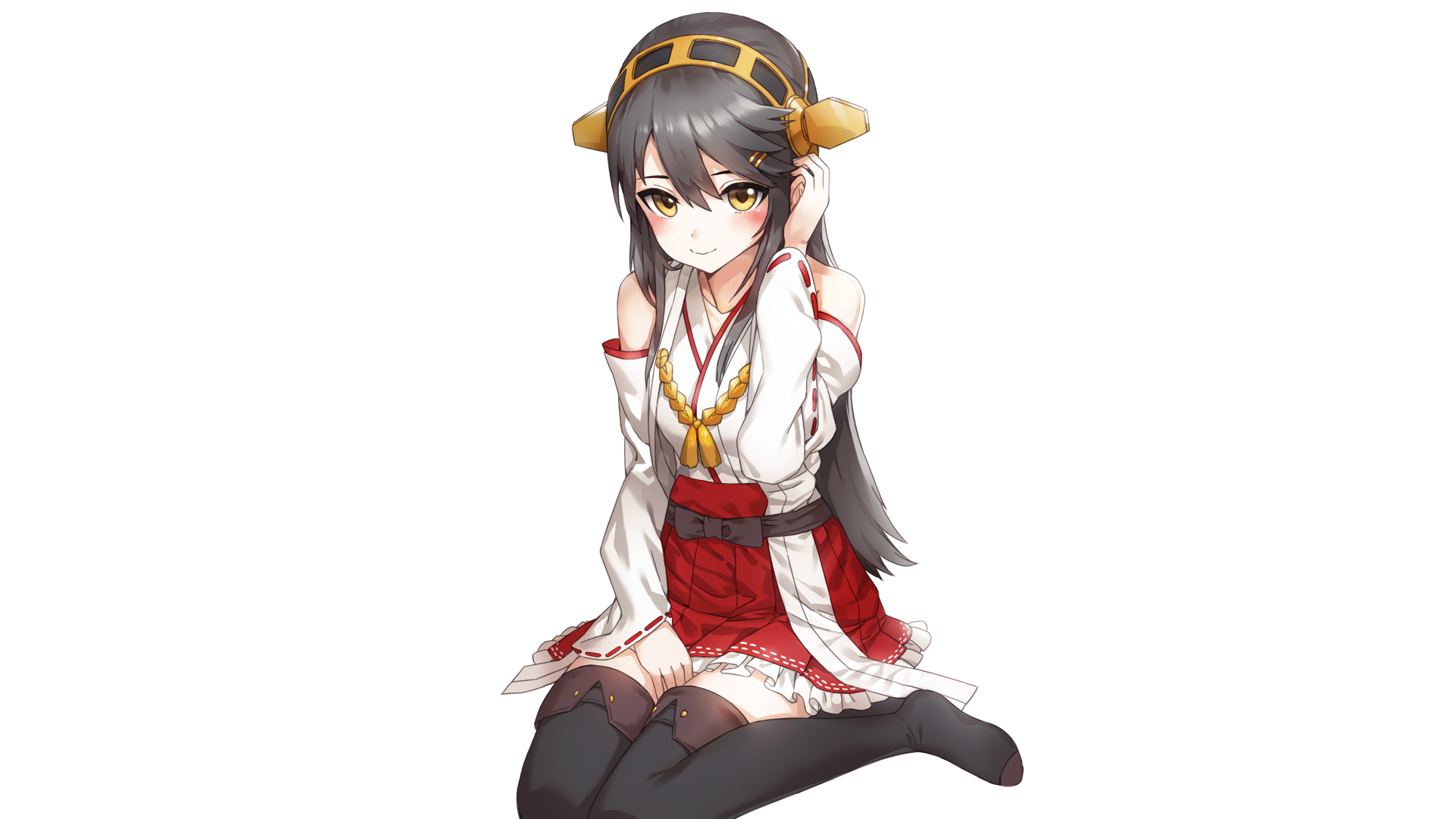 Haruna (Kantai Collection) anime HD desktop wallpaper: smiling long brown-haired, yellow-eyed girl in a white blouse, red skirt and thigh-high boots, seated on a white background.