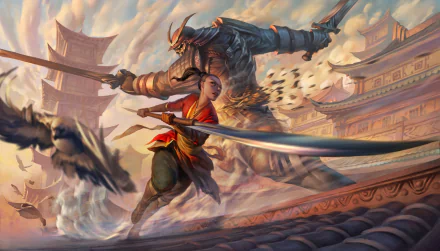 A dynamic HD fantasy wallpaper depicting an armored oriental woman warrior and a samurai engaged in fierce sword combat atop a traditional rooftop.