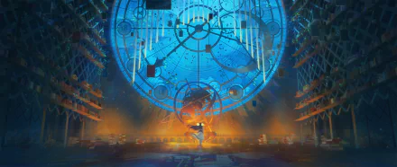 HD anime desktop wallpaper featuring a dynamic scene inside a mystical library with a large celestial clock and a character at its center.