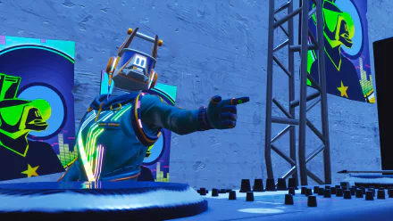 A vibrant HD desktop wallpaper featuring a futuristic DJ character from the video game Fortnite Battle Royale, set against a neon backdrop with music-themed elements.