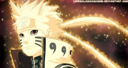 Anime HD PC desktop wallpaper of Naruto Uzumaki (Naruto) — glowing Kurama chakra cloak, headband and whisker marks, nine‑tails chakra ribbons swirling against a fiery, starry background.