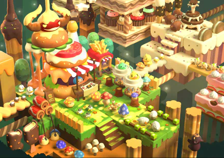 HD desktop wallpaper of MapleStory 2 featuring a colorful, whimsical in-game landscape with cute characters and imaginative structures.