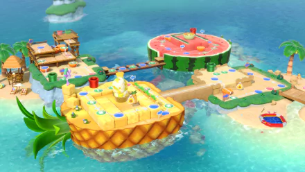 HD Super Mario Party desktop wallpaper featuring vibrant game board islands surrounded by a bright blue ocean.