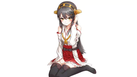 Haruna (Kantai Collection) anime HD desktop wallpaper: smiling long brown-haired, yellow-eyed girl in a white blouse, red skirt and thigh-high boots, seated on a white background.