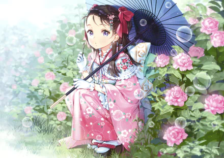 Anime-style HD desktop wallpaper of a long-haired, blue-eyed girl in a pink kimono holding a parasol, surrounded by bubbles and blooming pink roses.