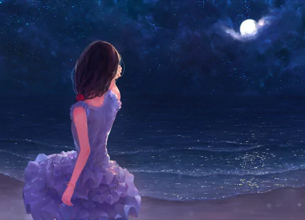 Anime-style HD desktop wallpaper of a long-haired girl with brown hair standing on a beach under a starry night sky and bright moon.