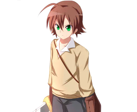 Tatsumi (Akame ga Kill!) anime HD PC wallpaper: brown-haired young man with green eyes wearing a beige sweater and satchel on a white background.