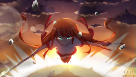 Anime-style original HD desktop wallpaper featuring a character with bright orange hair and blue eyes, wielding a gun and sword amid a dynamic, explosive background.