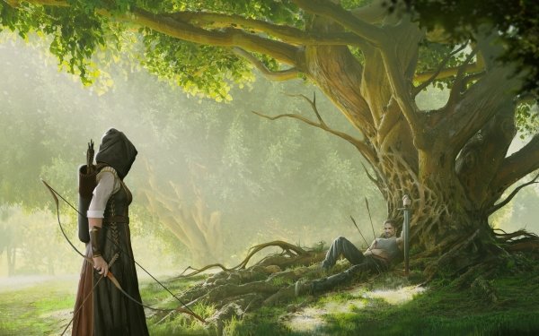 Fantasy Archer Woman Warrior Bow Tree Sword HD Wallpaper | Background Image