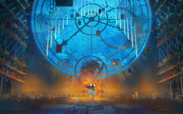 HD anime desktop wallpaper featuring a dynamic scene inside a mystical library with a large celestial clock and a character at its center.
