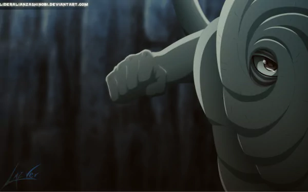 HD PC desktop wallpaper/background of White Zetsu and Obito Uchiha from Naruto anime — close-up of Zetsu's spiral mask with Obito's eye peering through in a dark forest