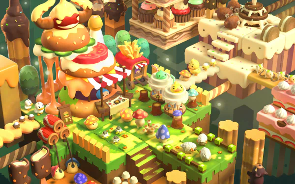 HD desktop wallpaper of MapleStory 2 featuring a colorful, whimsical in-game landscape with cute characters and imaginative structures.