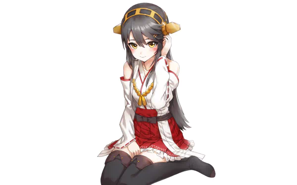 Haruna (Kantai Collection) anime HD desktop wallpaper: smiling long brown-haired, yellow-eyed girl in a white blouse, red skirt and thigh-high boots, seated on a white background.