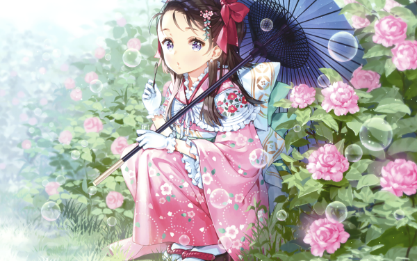 Anime Original Kimono Parasol Long Hair Brown Hair Blue Eyes bow Glove Earrings Bubble HD Wallpaper | Background Image