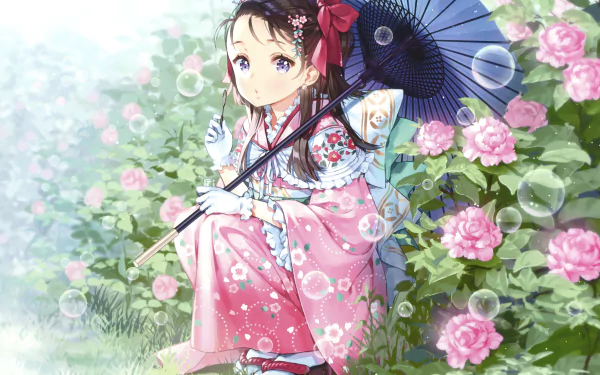 Anime-style HD desktop wallpaper of a long-haired, blue-eyed girl in a pink kimono holding a parasol, surrounded by bubbles and blooming pink roses.