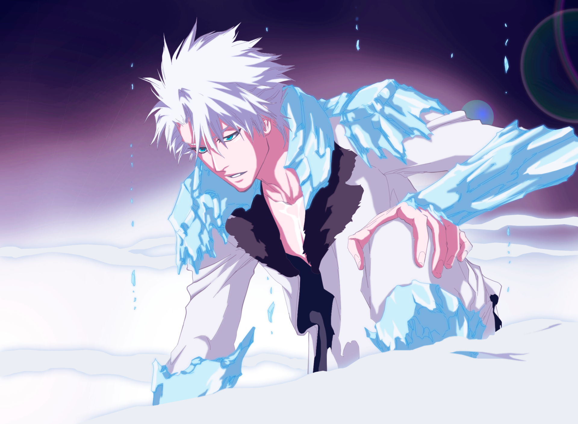 HD anime desktop wallpaper featuring Tōshirō Hitsugaya from Bleach, depicted with his iconic white hair and icy blue energy effects.