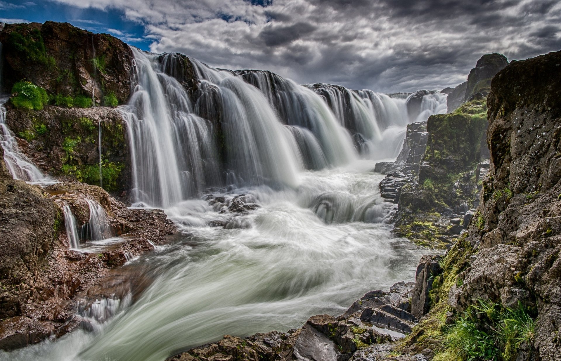 HD desktop wallpaper showcasing a powerful river waterfall cascading over rocks surrounded by lush greenery under a cloudy sky in a natural landscape.