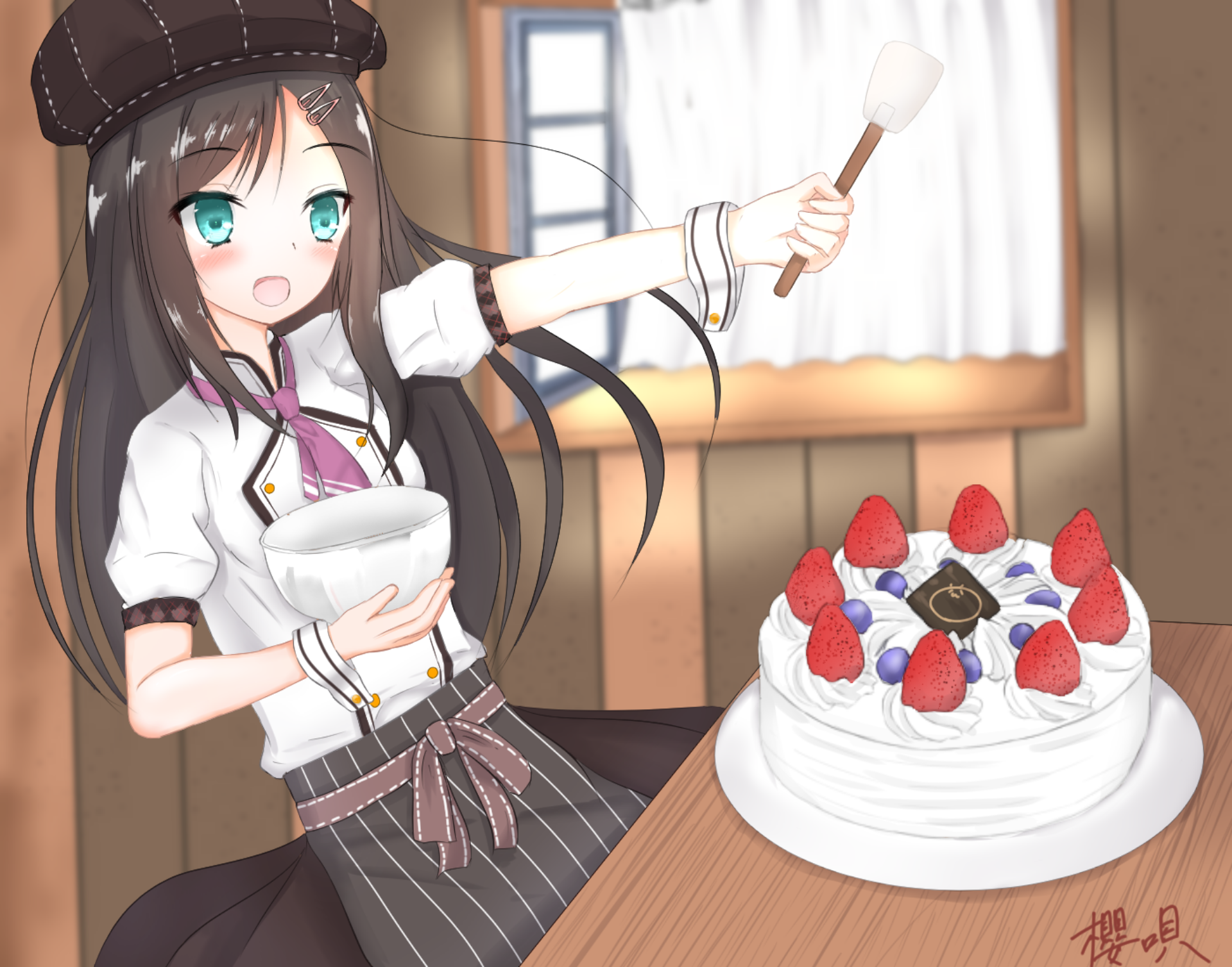 Download Green Eyes Long Hair Brown Hair Cooking Cake Anime Original HD Wallpaper by 櫻唄(とるね)