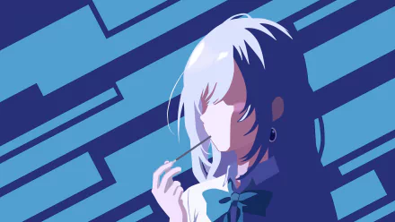 Irozuku Sekai no Ashita kara (Iroduku: The World in Colors) anime 4K Ultra HD PC wallpaper: pale‑haired girl in profile holding a small glowing object against bold blue geometric stripes.