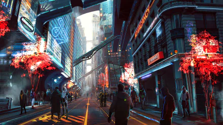 HD desktop wallpaper of a vibrant cyberpunk cityscape featuring people walking through a futuristic street adorned with glowing neon signs and luminous trees.