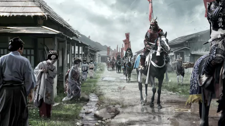 A high-definition desktop wallpaper depicting an oriental fantasy scene with a samurai warrior on horseback leading a procession through a village, observed by geishas and villagers.