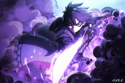 Anime-style HD desktop wallpaper featuring Seven from Scissor Seven wielding a glowing sword, surrounded by dark, smoky purple and black hues.