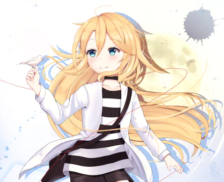 HD anime desktop wallpaper featuring Rachel Gardner from Angels of Death with long blonde hair, a striped dress, and a white bird perched on her hand.