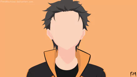 Minimalist faceless portrait of Subaru Natsuki from Re:Zero — black jacket with orange collar against a warm orange backdrop; 4K Ultra HD PC desktop wallpaper and background.