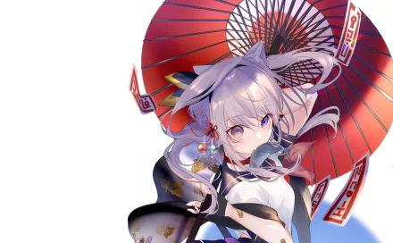 HD anime original artwork featuring a silver-haired character with cat ears holding a red umbrella, styled for PC desktop wallpaper and background.