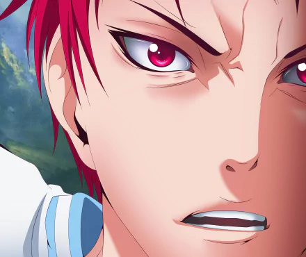 Close-up of Seijūrō Akashi from Kuroko's Basketball, intense red-eyed anime portrait with red hair, 2K Quad HD PC desktop wallpaper and background.