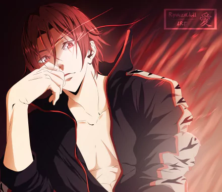 Rin Matsuoka (Free!) anime: red-haired swimmer in an open jacket, hand to face and intense gaze against a red, flame-like backdrop — 2K Quad HD PC wallpaper/background.