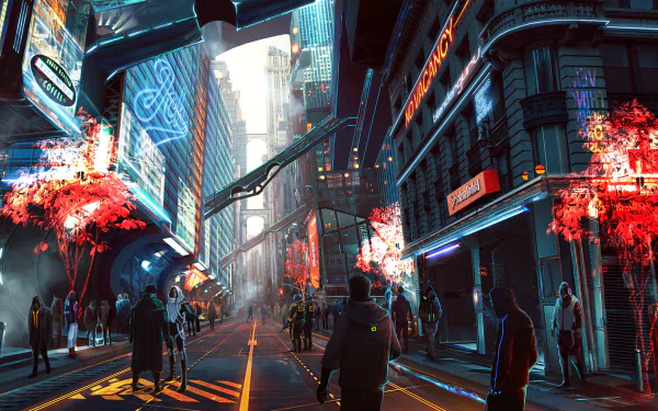 HD desktop wallpaper of a vibrant cyberpunk cityscape featuring people walking through a futuristic street adorned with glowing neon signs and luminous trees.
