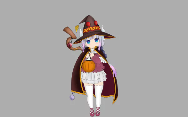 4K Ultra HD PC wallpaper: anime Kanna Kamui in a Kono Subarashii Sekai ni Shukufuku wo! crossover, wearing a witch hat and cape and holding a pumpkin bag for Halloween.