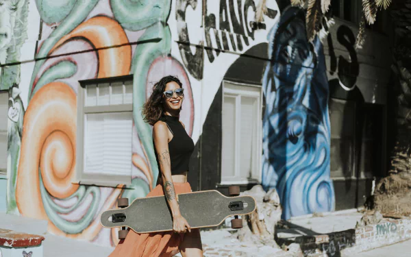 black hair tattoo skateboard sunglasses mood woman model HD Desktop Wallpaper | Background Image