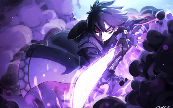 Anime-style HD desktop wallpaper featuring Seven from Scissor Seven wielding a glowing sword, surrounded by dark, smoky purple and black hues.