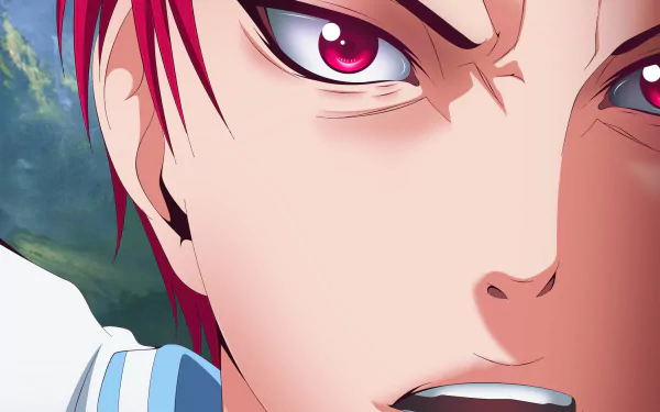 Close-up of Seijūrō Akashi from Kuroko's Basketball, intense red-eyed anime portrait with red hair, 2K Quad HD PC desktop wallpaper and background.