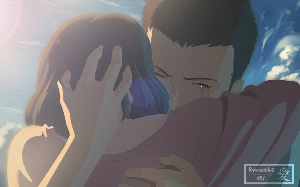 Takao Akizuki and Yukari Yukino from The Garden of Words embrace in the rain, emotional 2K Quad HD anime PC desktop wallpaper.