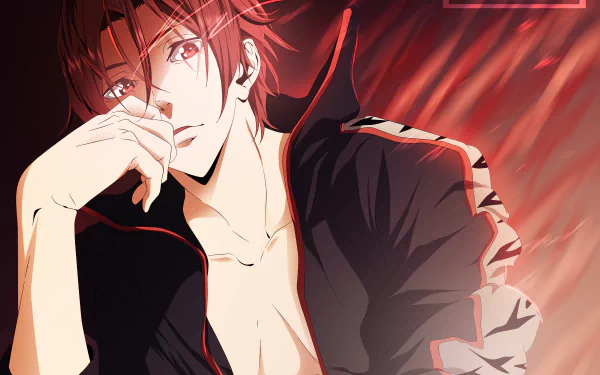 Rin Matsuoka (Free!) anime: red-haired swimmer in an open jacket, hand to face and intense gaze against a red, flame-like backdrop — 2K Quad HD PC wallpaper/background.