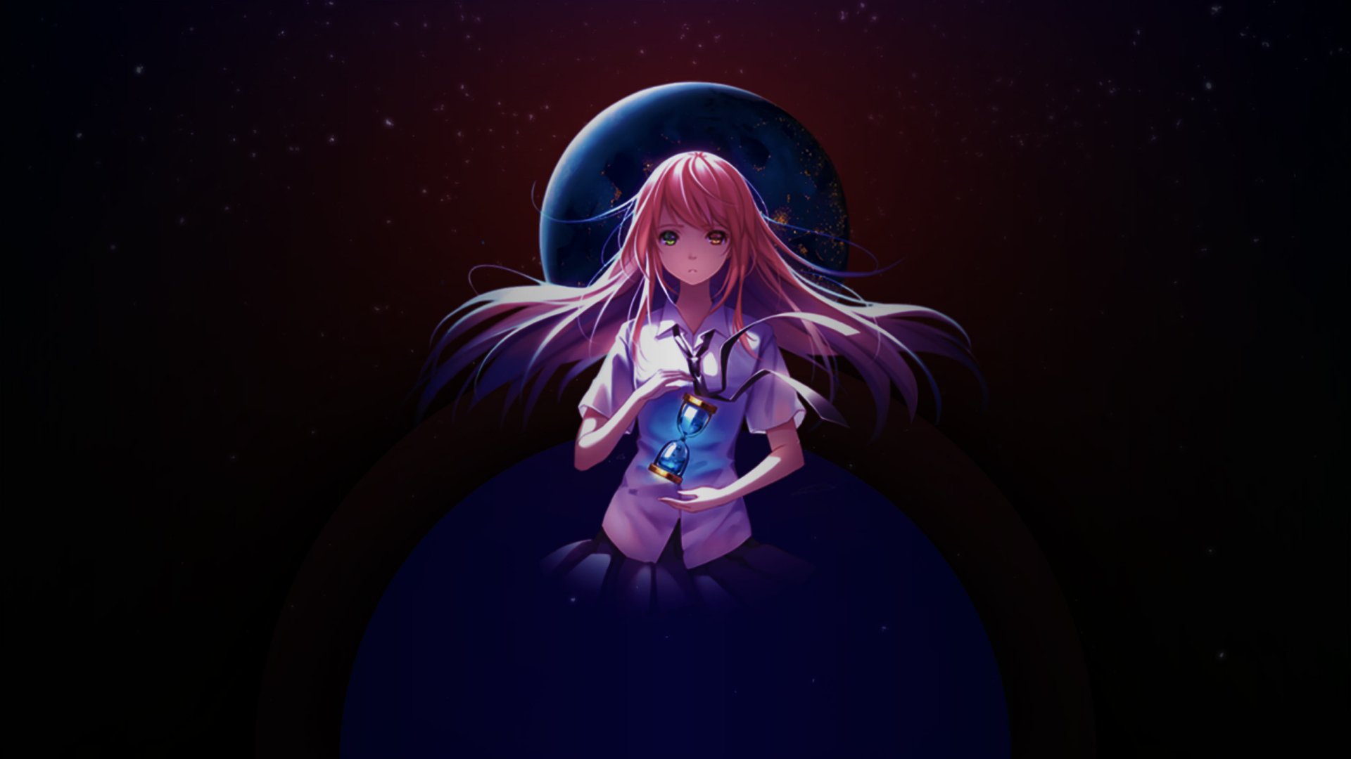 HD anime desktop wallpaper featuring an original character with heterochromia, glowing subtly against a dark cosmic background.