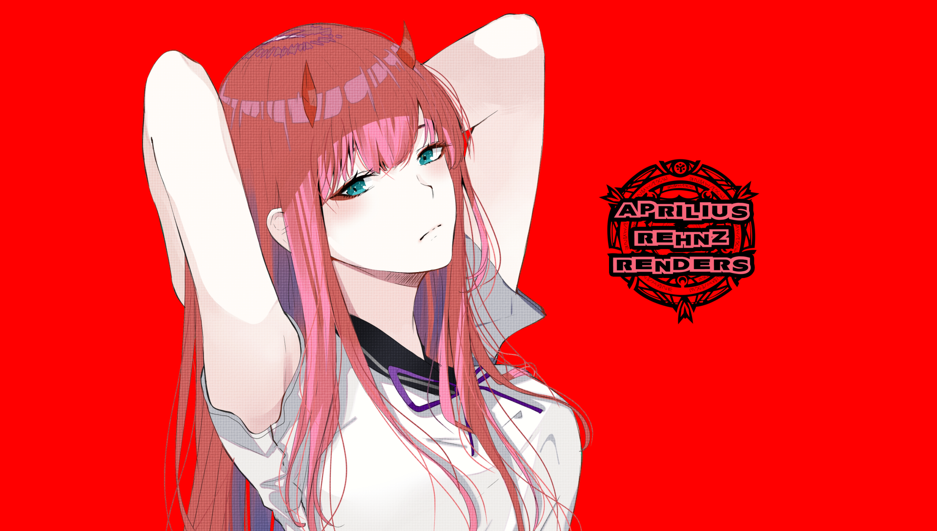 Anime character Zero Two from Darling in the FranXX stands against a vibrant red background in this 4K Ultra HD PC desktop wallpaper.