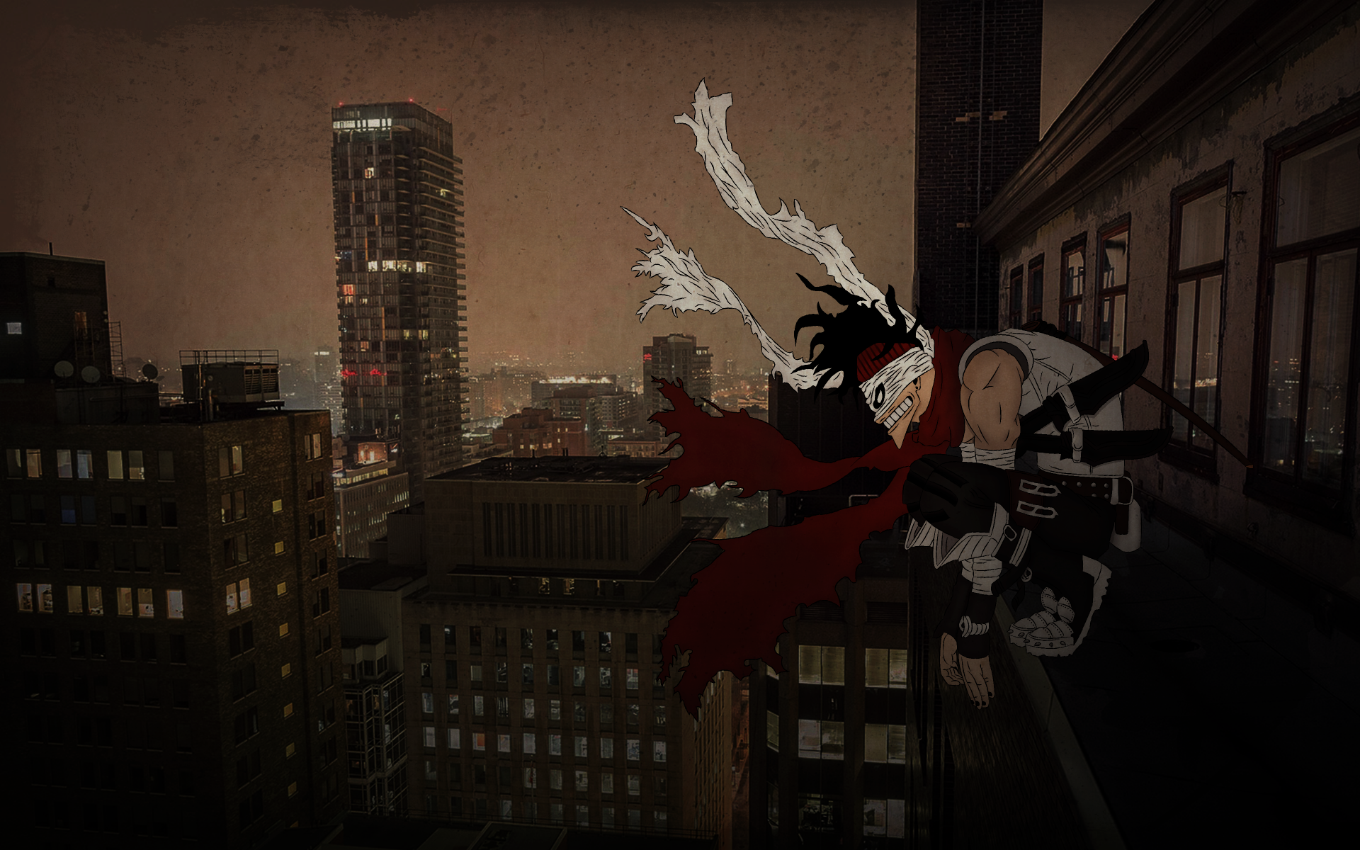 Chizome Akaguro, also known as Stain from My Hero Academia, perched on a rooftop overlooking an anime cityscape in a 4K Ultra HD wallpaper background.