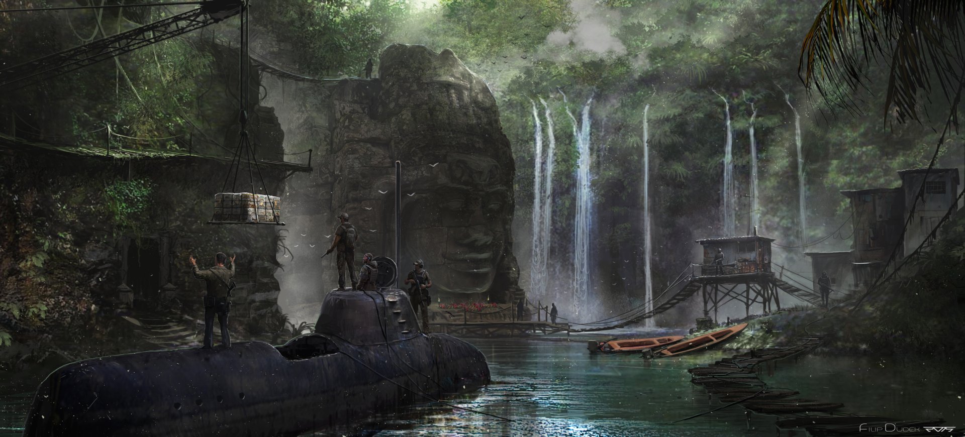4K Ultra HD Sci-Fi desktop wallpaper featuring a submarine docked in a misty, lush landscape with waterfalls and ancient stone faces carved into cliffs.