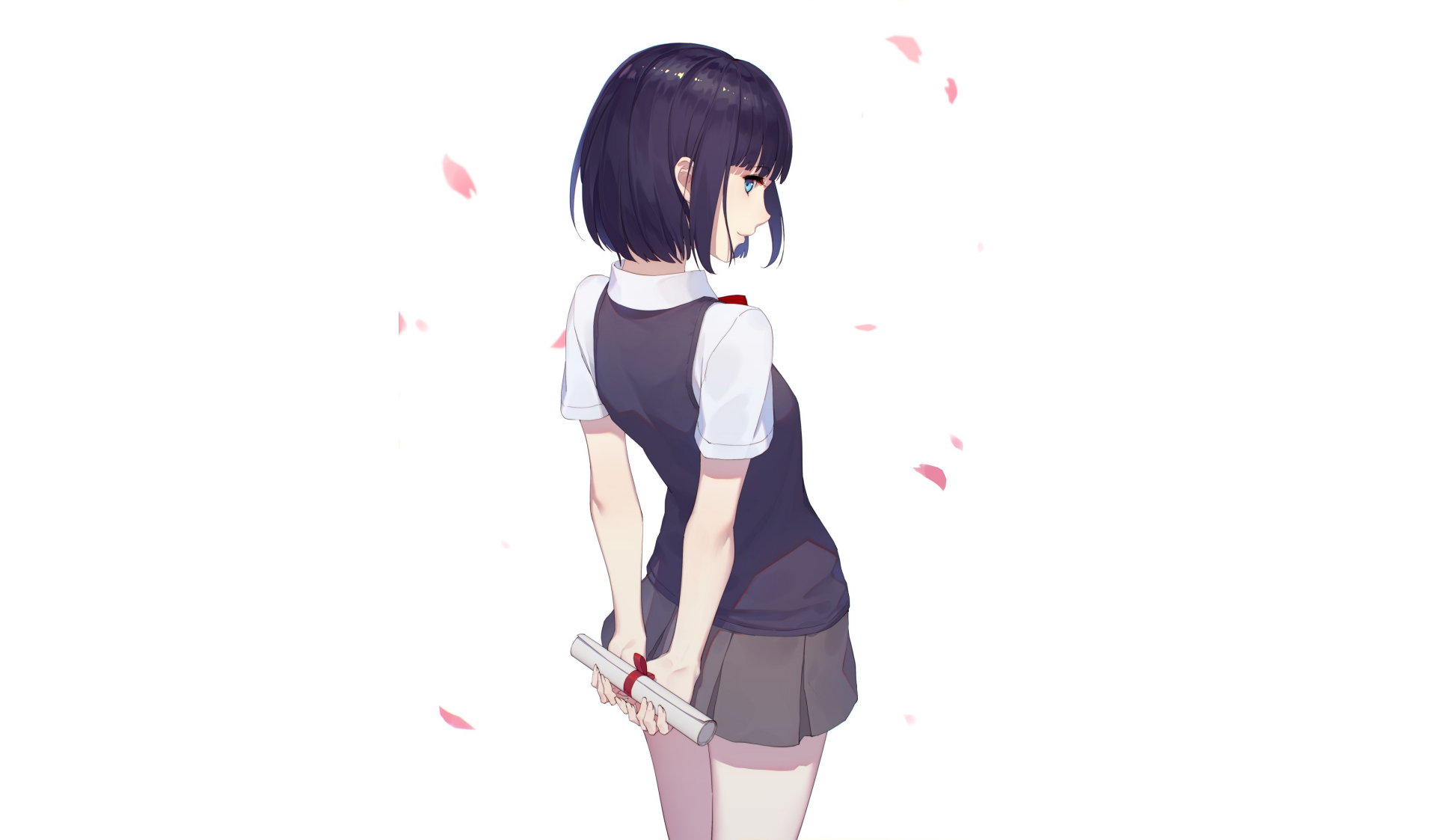 Anime-style original artwork of a girl in a school uniform holding a knife behind her back, set against a white background with scattered pink petals.