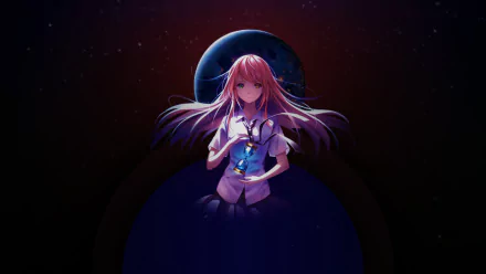 HD anime desktop wallpaper featuring an original character with heterochromia, glowing subtly against a dark cosmic background.
